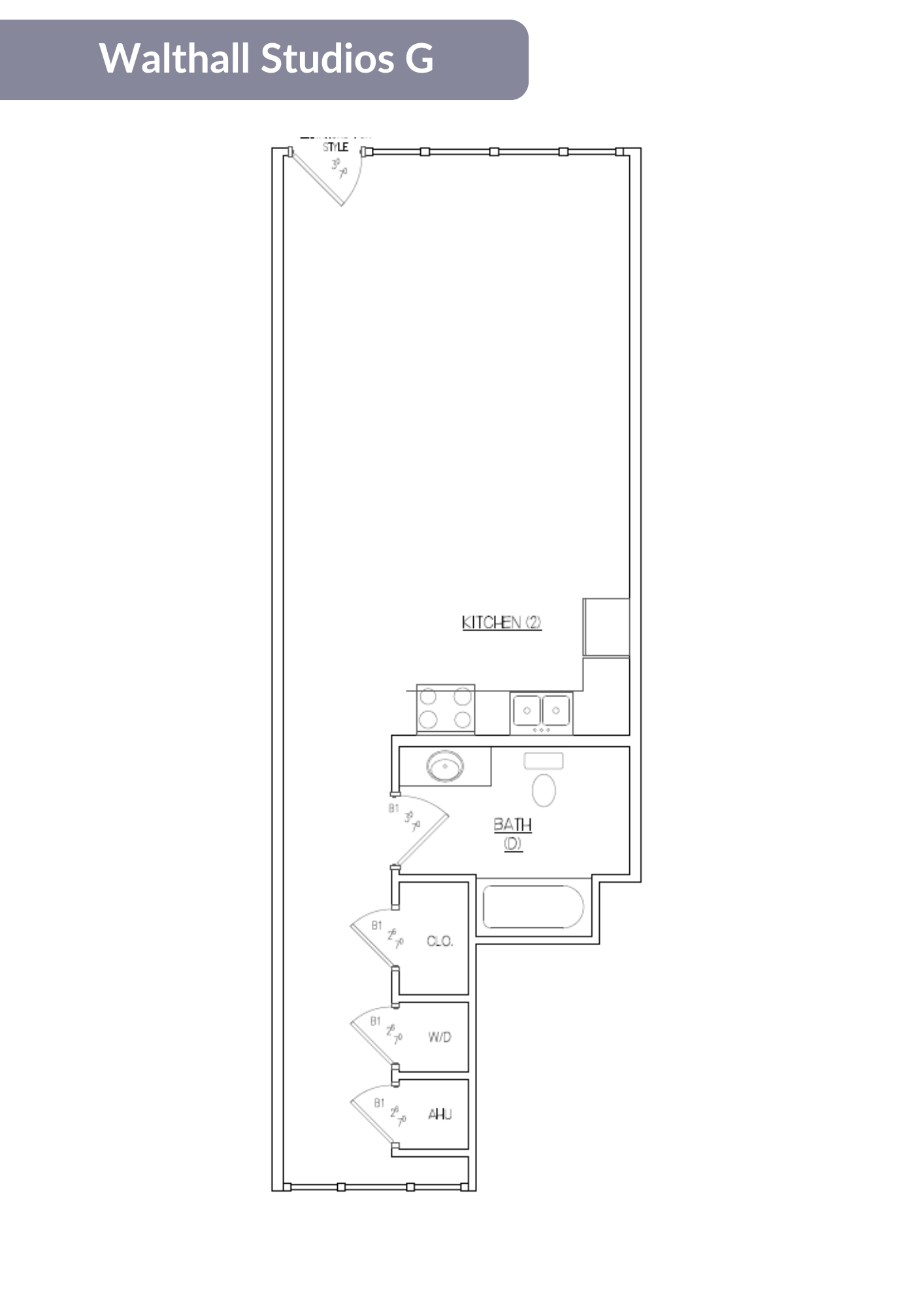 A floor plan of Walthall Studios G with various labeled rooms.