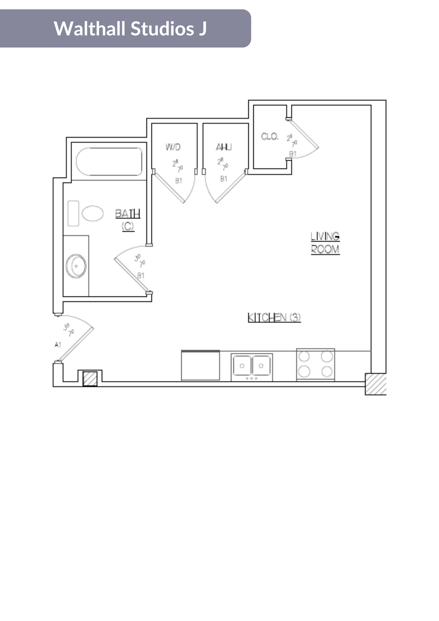 A floor plan of a studio apartment with a kitchen, living room, and bathroom.