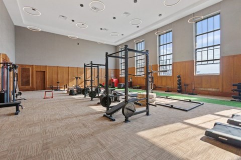 A gym with a variety of equipment including weightlifting machines and a green mat.