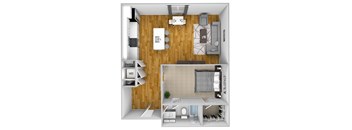 a stylized floor plan with a bedroom and a living room