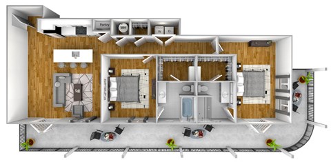 3d layout of a residential floor plan