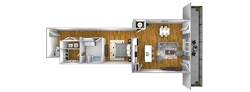 a stylized floor plan of a home with a bedroom and living room