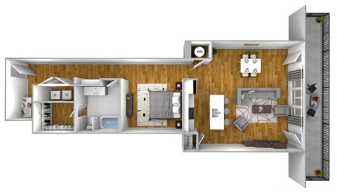 a stylized floor plan of a home with a bedroom and living room