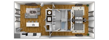 a rendering of a 3d floor plan with a bedroom and a bathroom