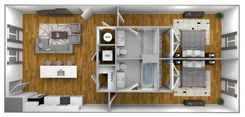 a rendering of a 3d floor plan with a bedroom and a bathroom