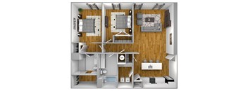 a 3d rendering of a bedroom and living room with wood paneling