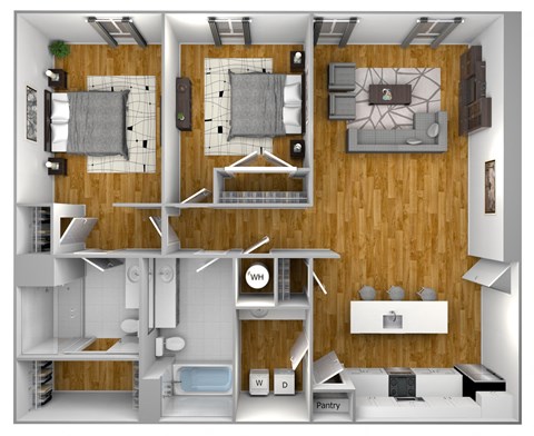 a 3d rendering of a bedroom and living room with wood paneling