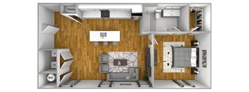a 3d rendering of a 1 bedroom floor plan with a bathroom and a kitchen
