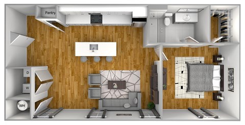a 3d rendering of a 1 bedroom floor plan with a bathroom and a kitchen