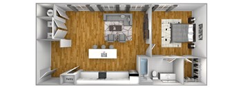 a stylized layout of a living room with a wood paneled