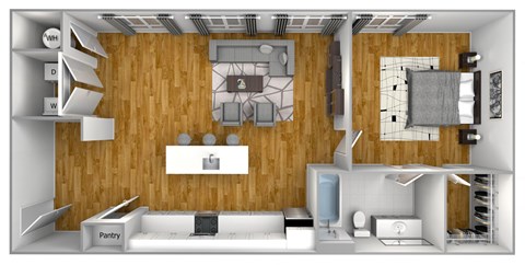 a stylized layout of a living room with a wood paneled