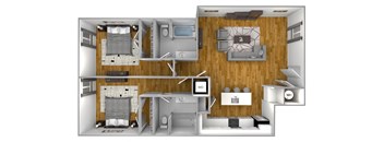 a stylized layout of a 3d floor plan with a bedroom and living room