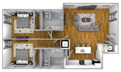 a stylized layout of a 3d floor plan with a bedroom and living room
