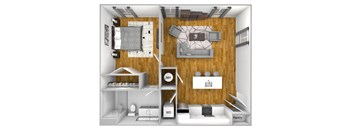 a 3d floor plan of a home with a bedroom and a living room