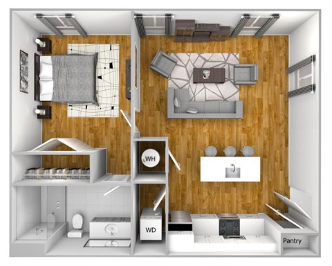a 3d floor plan of a home with a bedroom and a living room