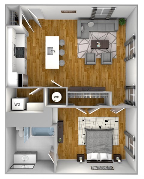 a 3d drawing of a floor plan with a bedroom and a living room