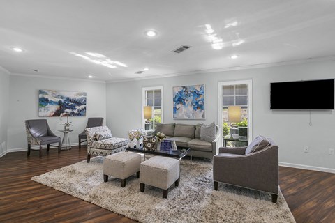 A living room with a grey sofa, a grey armchair, a grey ottoman, a white rug, and a painting on the wall.
