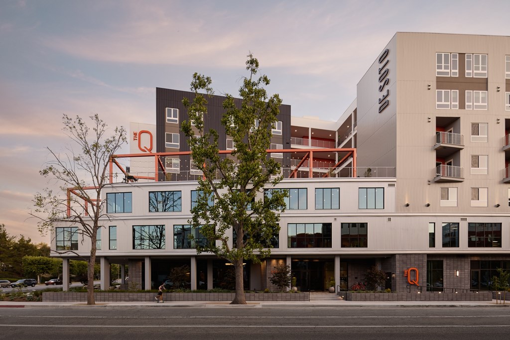 A modern building with a tree in front of it.