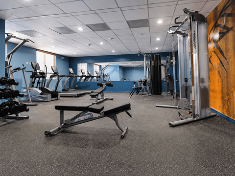 A gym with a variety of equipment including treadmills, weights, and exercise machines.