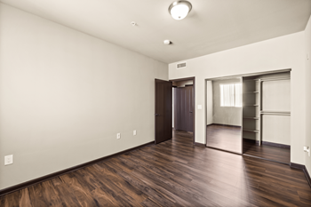 a living room with white walls and wooden floors and a closet