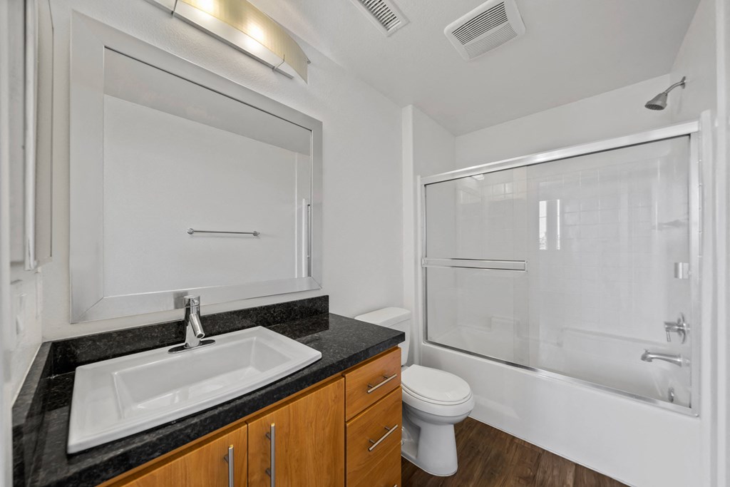 the preserve at ballantyne commons apartment bathroom with sink toilet and shower