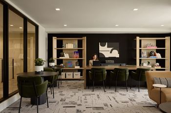 A woman is working on her laptop in a modern office with a patterned carpet and wooden shelves.