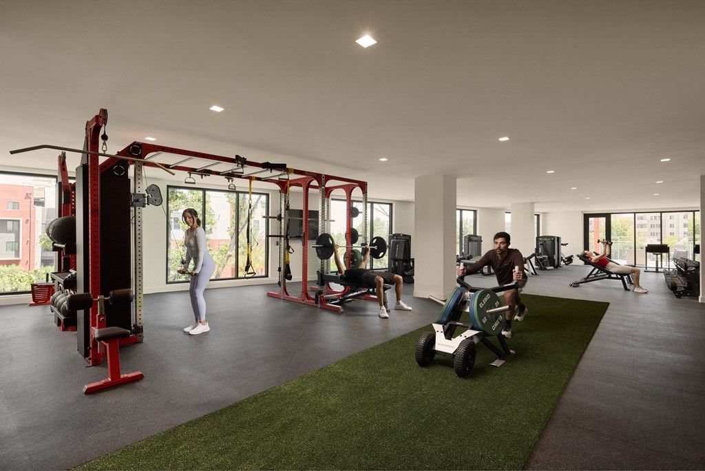 A gym with people working out and a green lawn.