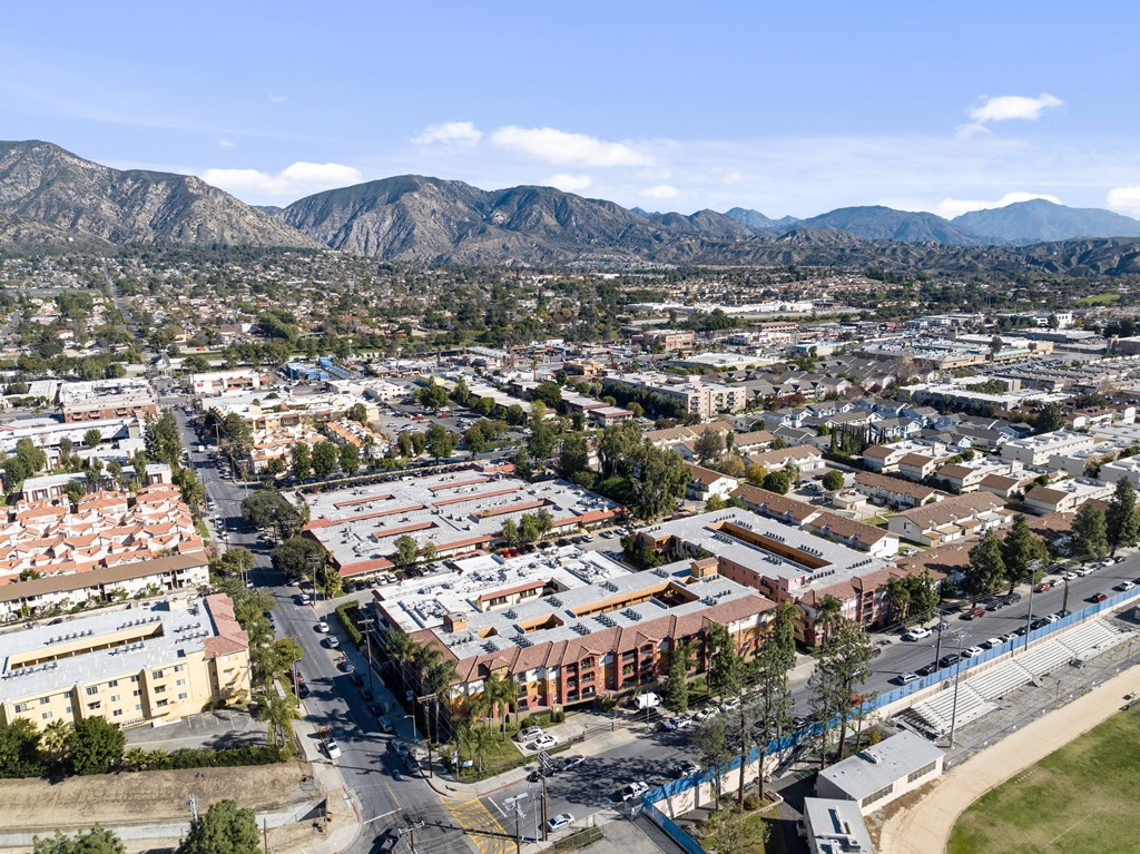 an aerial view of the city