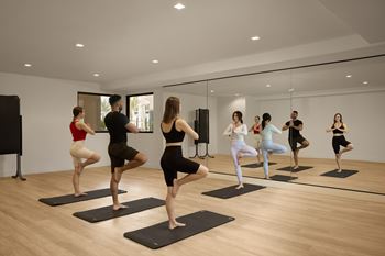 A group of people practicing yoga in a studio.