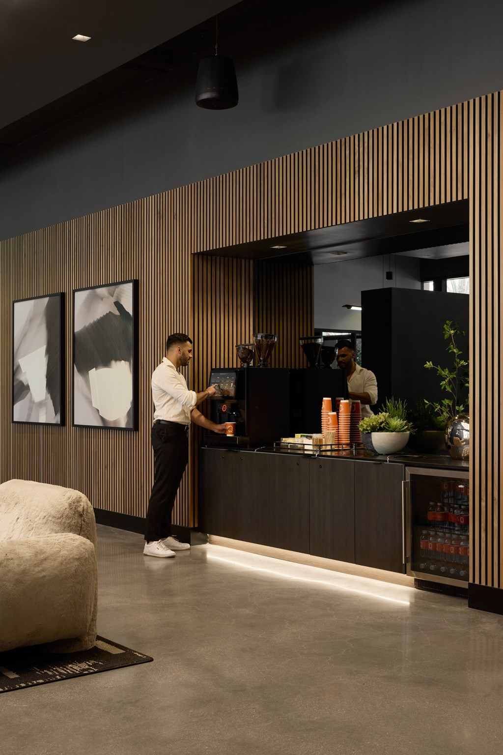 A person is standing at a counter with a plant on it.