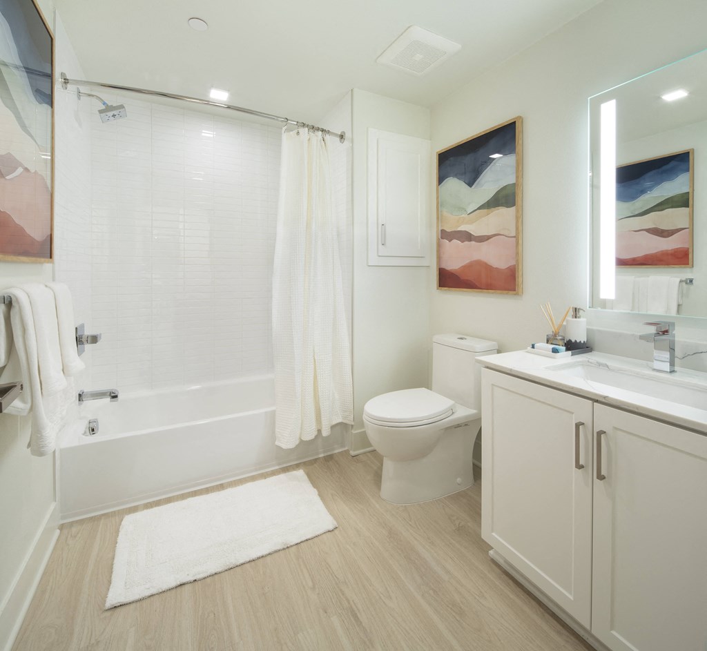 a bathroom with a shower toilet and sink and a mirror