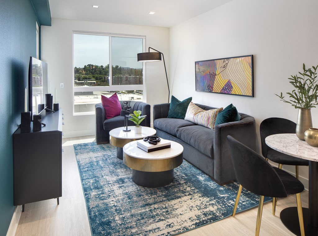 a living room with a gray couch and a blue rug