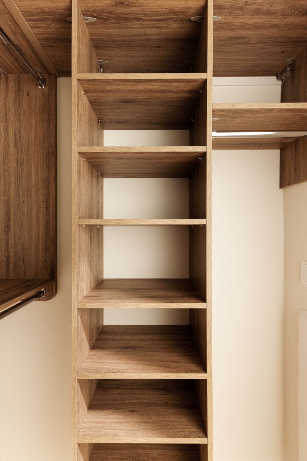 A wooden shelving unit with multiple shelves.