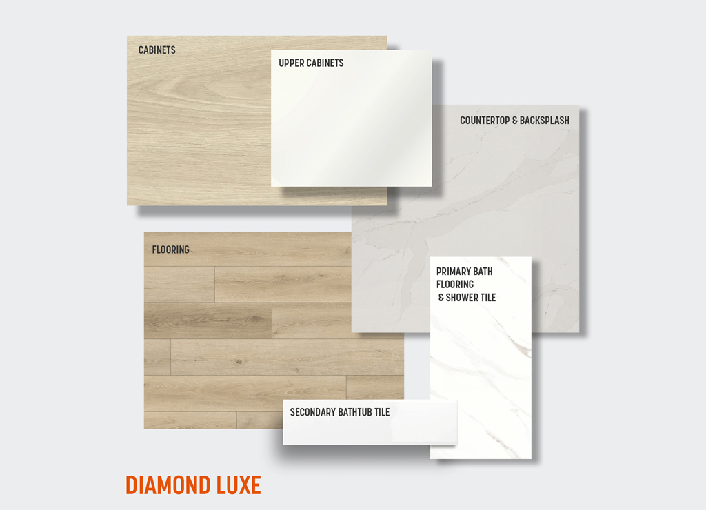 A display of flooring and cabinetry options for a home renovation project.