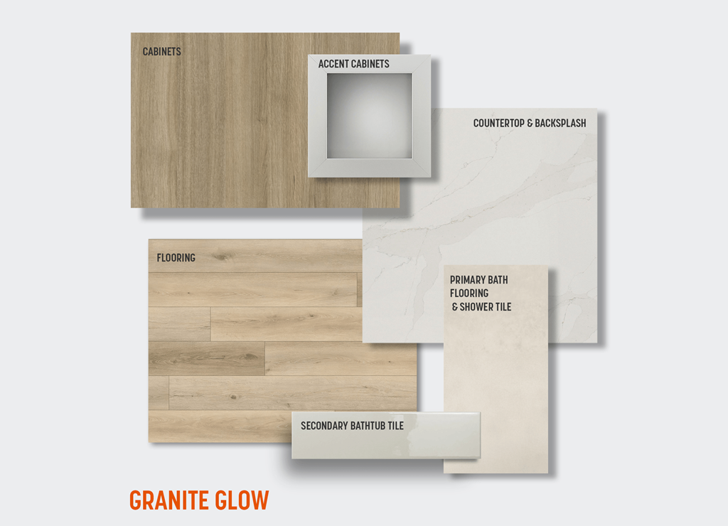 A graphic showing bathroom flooring and cabinetry options.