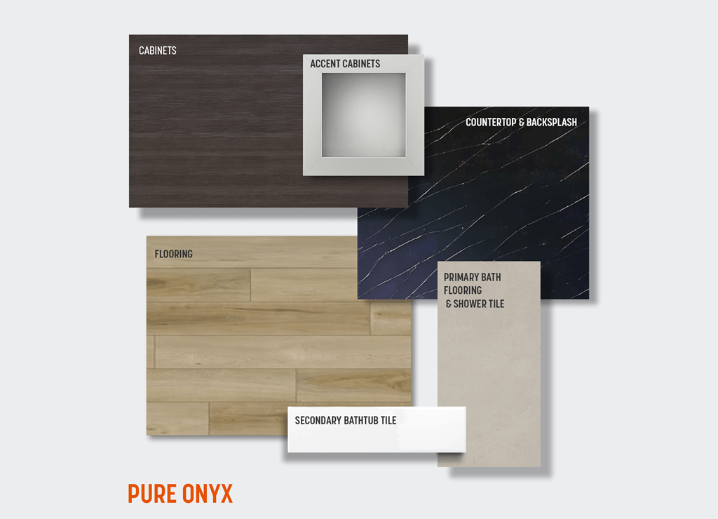 A collection of bathroom design elements including cagnets, flooring, and shower tiles.