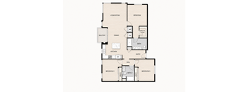 A floor plan of a house with a living room, dining room, kitchen, and three bedrooms.