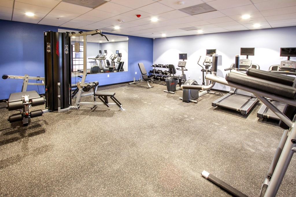 a gym with cardio equipment and weights in a building with blue walls