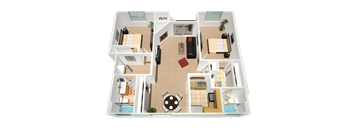A floor plan of a house with a living room, kitchen, and two bedrooms.