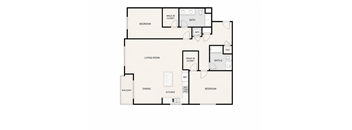 A floor plan of a house with a living room, dining room, kitchen, two bedrooms, a bathroom, a walk-in closet, and a balcony.