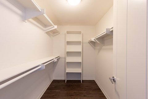 A white pantry with a shelf and a door.