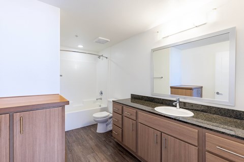 A bathroom with a sink, toilet, and mirror.