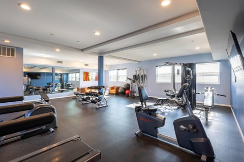 A spacious gym with a variety of equipment.