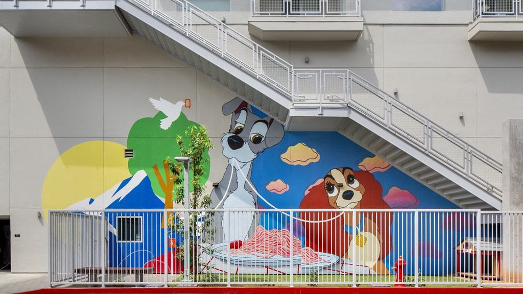 full view of lady and tramp dog run at The Q Variel, Woodland Hills, CA, 91367