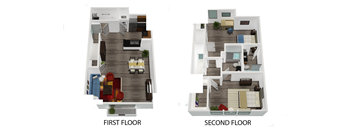 two floor plans of the first floor and second floor of a house at Legacy Apartments, California, 91325
