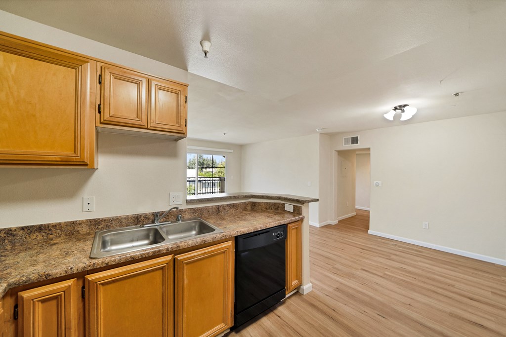 a kitchen and living area