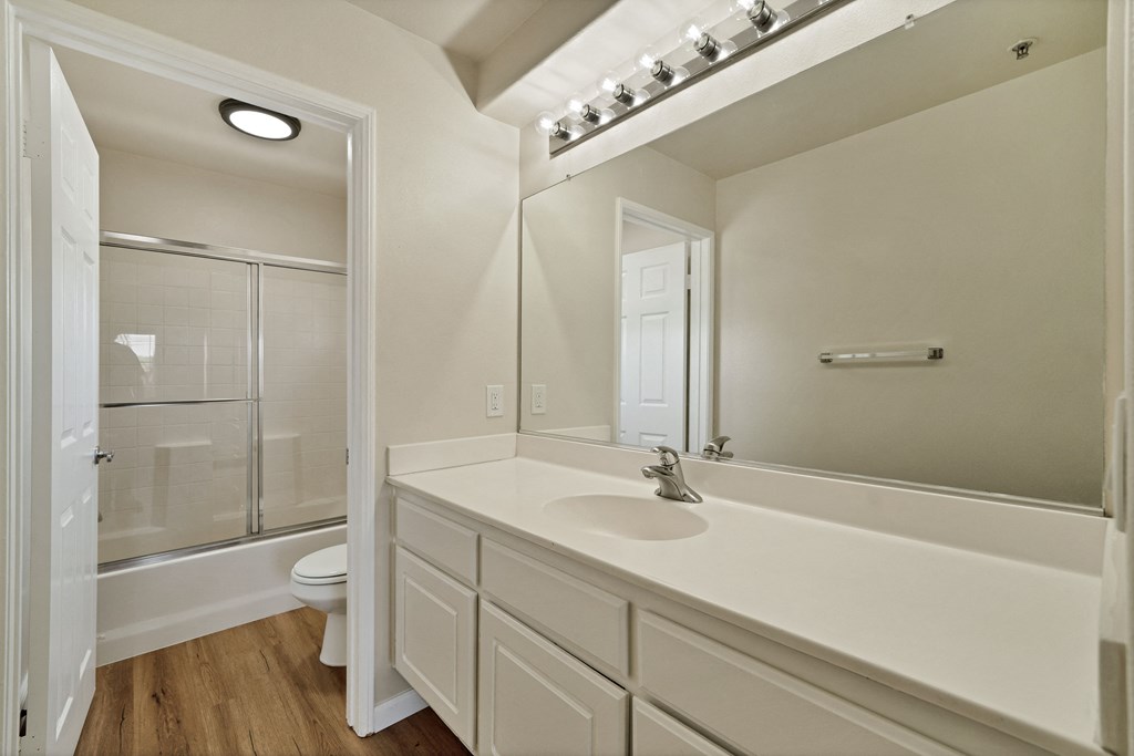 a bathroom with a large mirror and a sink and a toilet