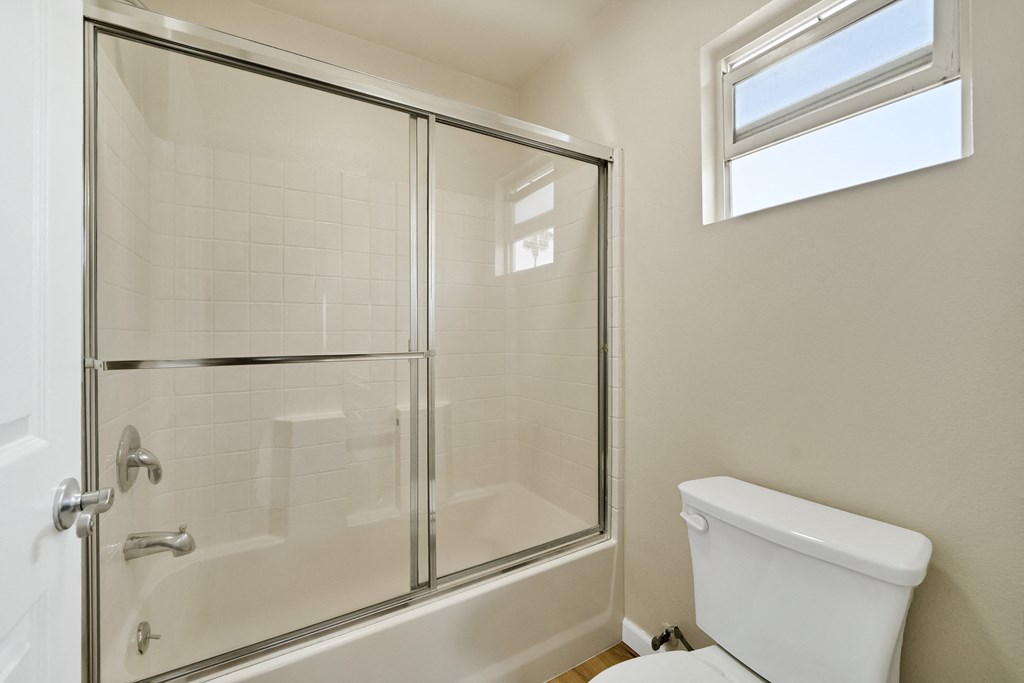 a bathroom with a shower and a toilet