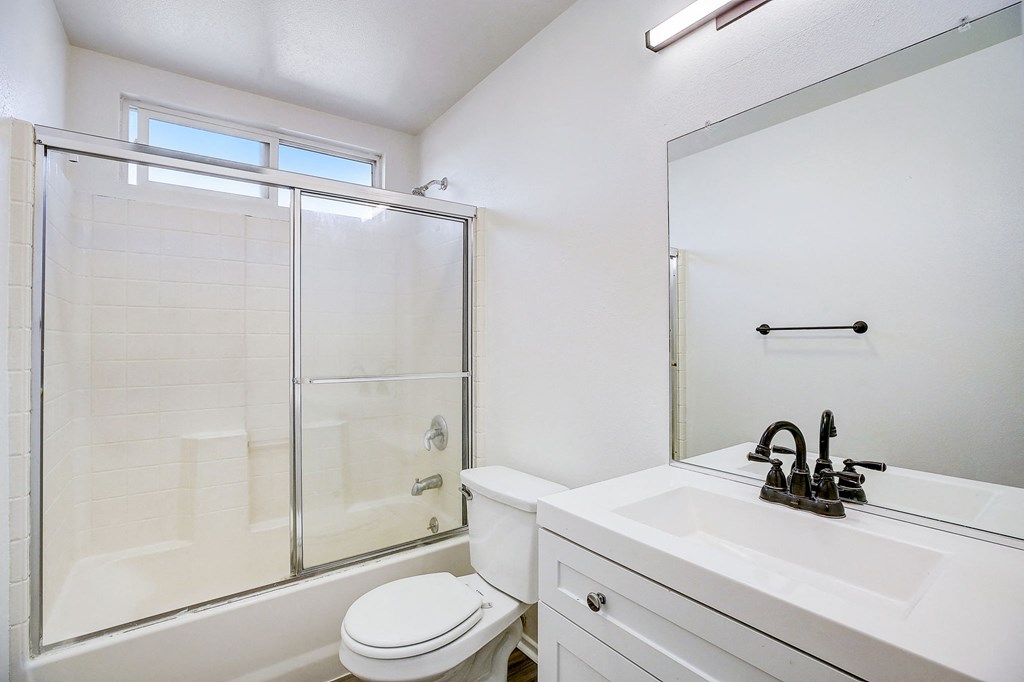 a bathroom with a shower toilet and sink