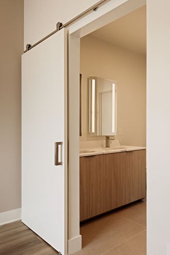 A bathroom with a white door and a brown counter.
